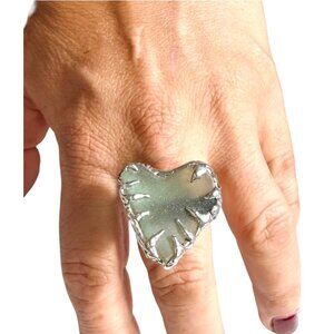 Heart Shaped Sea Glass Ring Artisan Crafted W/ Upcycled Spoon Bowl Band Sz 7.5